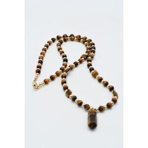 Vintage Tiger’s Eye Gemstone Necklace 24” Gold Tone Pendant Artisan Made